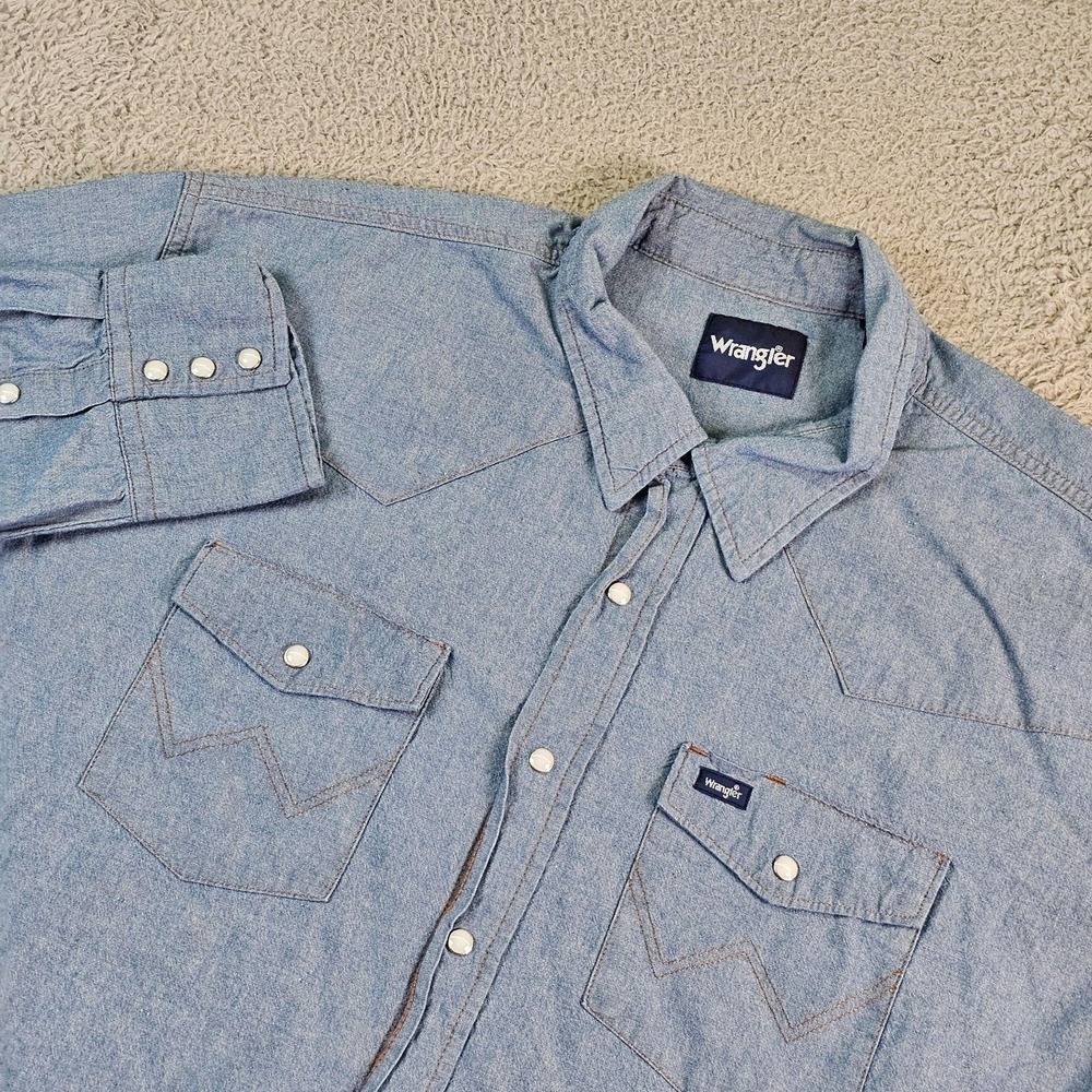 Wrangler Shirt Mens Big 3X Blue Chambray Long Sleeve Western Pearl Snap Cowboy
